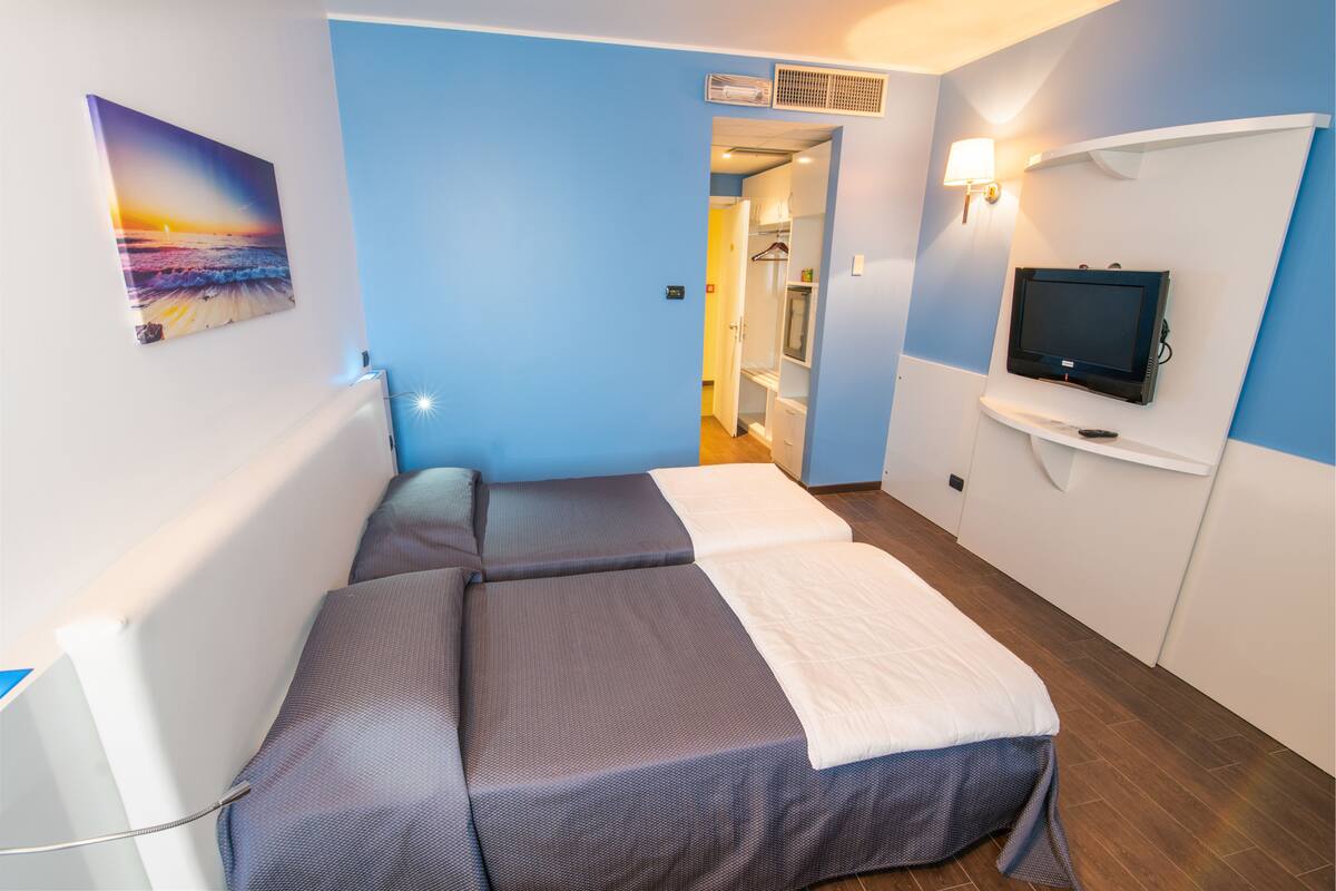 Una habitación con una cama, televisión y un cuadro en la pared.