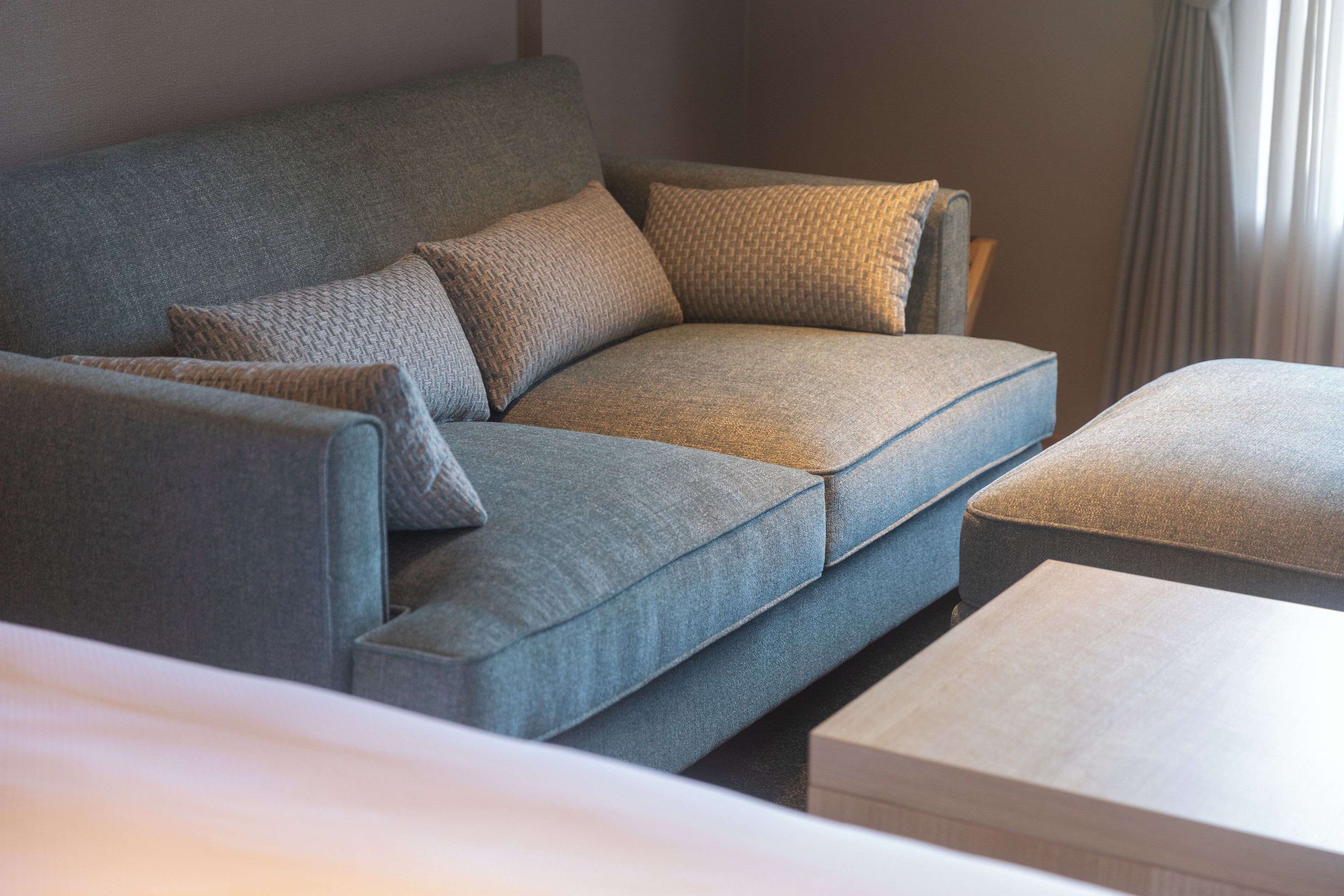 A modern living room with a grey sofa, two cushions, and a wooden coffee table.