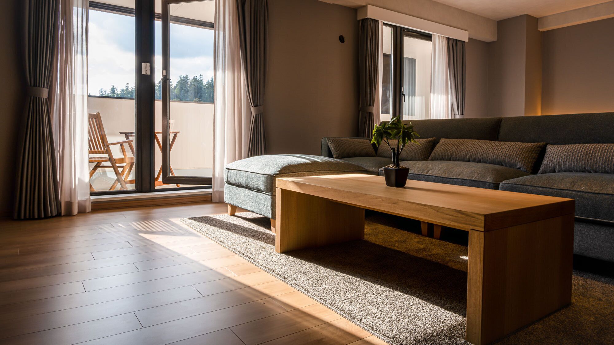 A modern living room with a sofa, a wooden coffee table, and a potted plant.