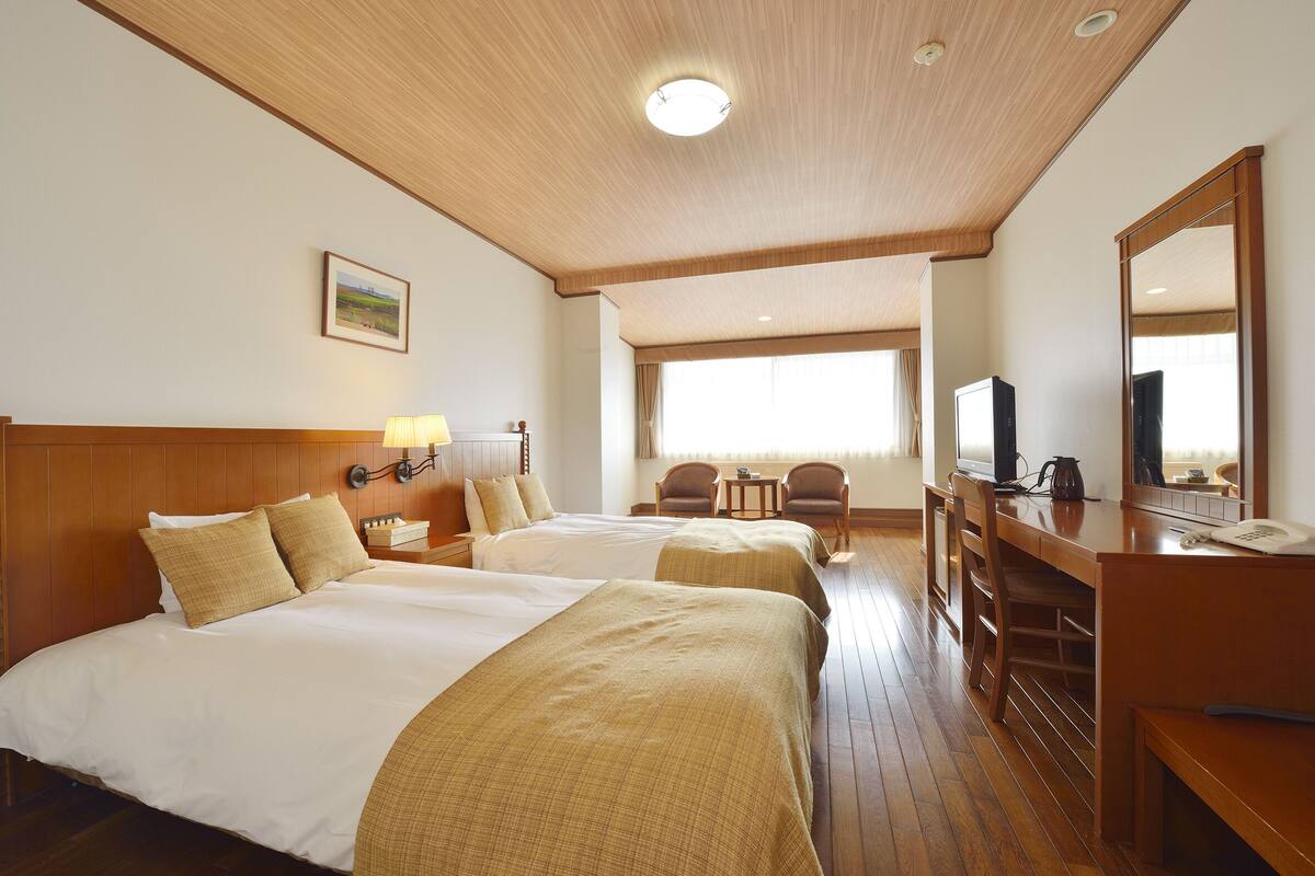 Habitación de hotel con dos camas, un escritorio, una silla, un televisor y una ventana.