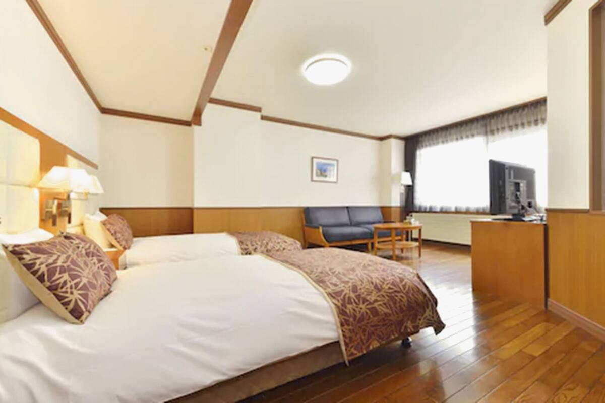 Una habitación de hotel con una cama grande, un escritorio, una silla, un televisor y una ventana con cortinas.