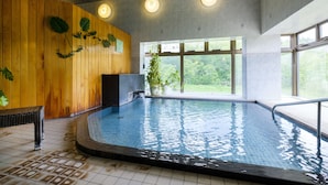 Una piscina interior con paredes de madera, un banco y una planta en maceta.
