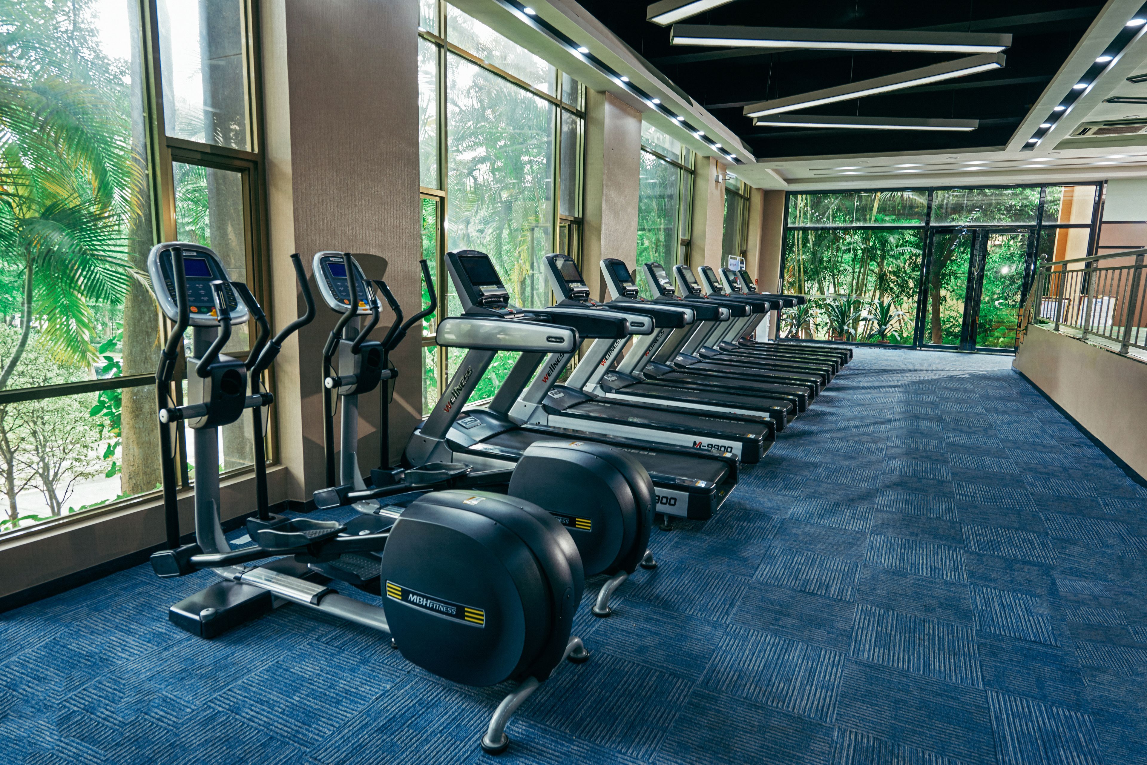 Un gimnasio con cintas de correr, elípticas y máquinas de pesas dispuestas en filas.