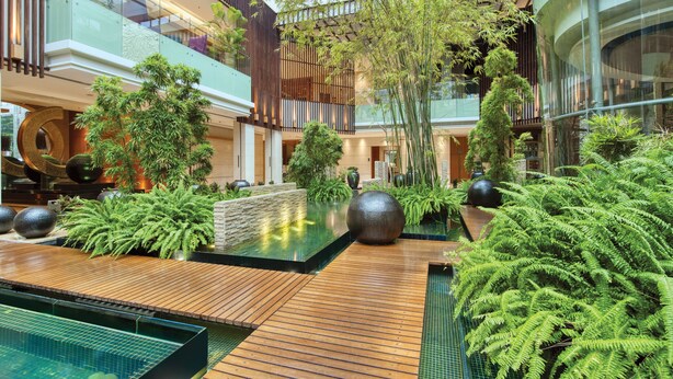 Un moderno atrio interior con una fuente central, suelo de madera y abundante vegetación.