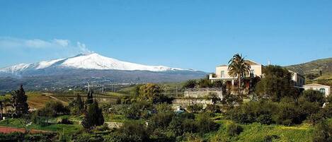 A house with a view of a snow-capped mountain in the background.
