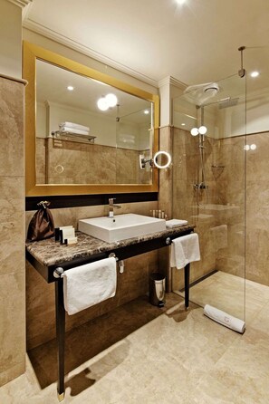 Hair dryer, bathrobes, slippers, towels
