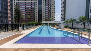 Outdoor pool, pool umbrellas, sun loungers