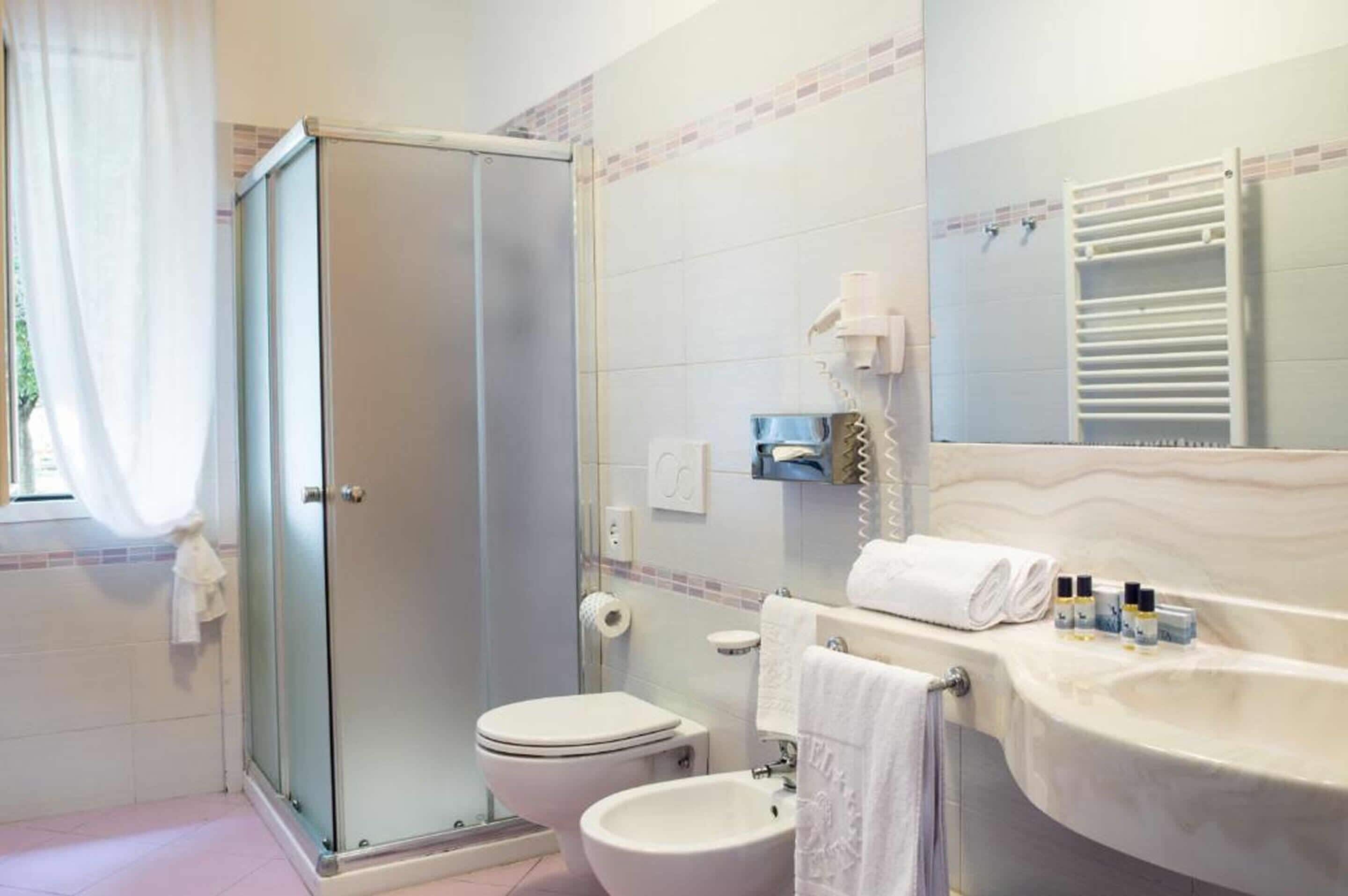 A bathroom with a glass shower enclosure, a toilet, a bidet, a sink with toiletries, and a towel rack.