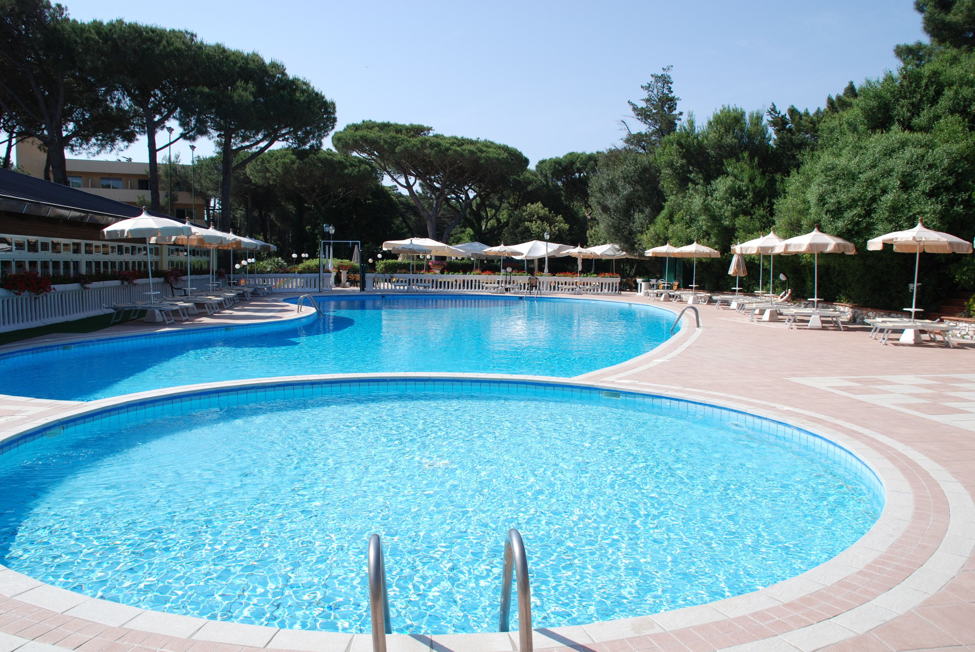 A large outdoor swimming pool with multiple lounge areas and umbrellas, surrounded by trees and a building with a white fence.