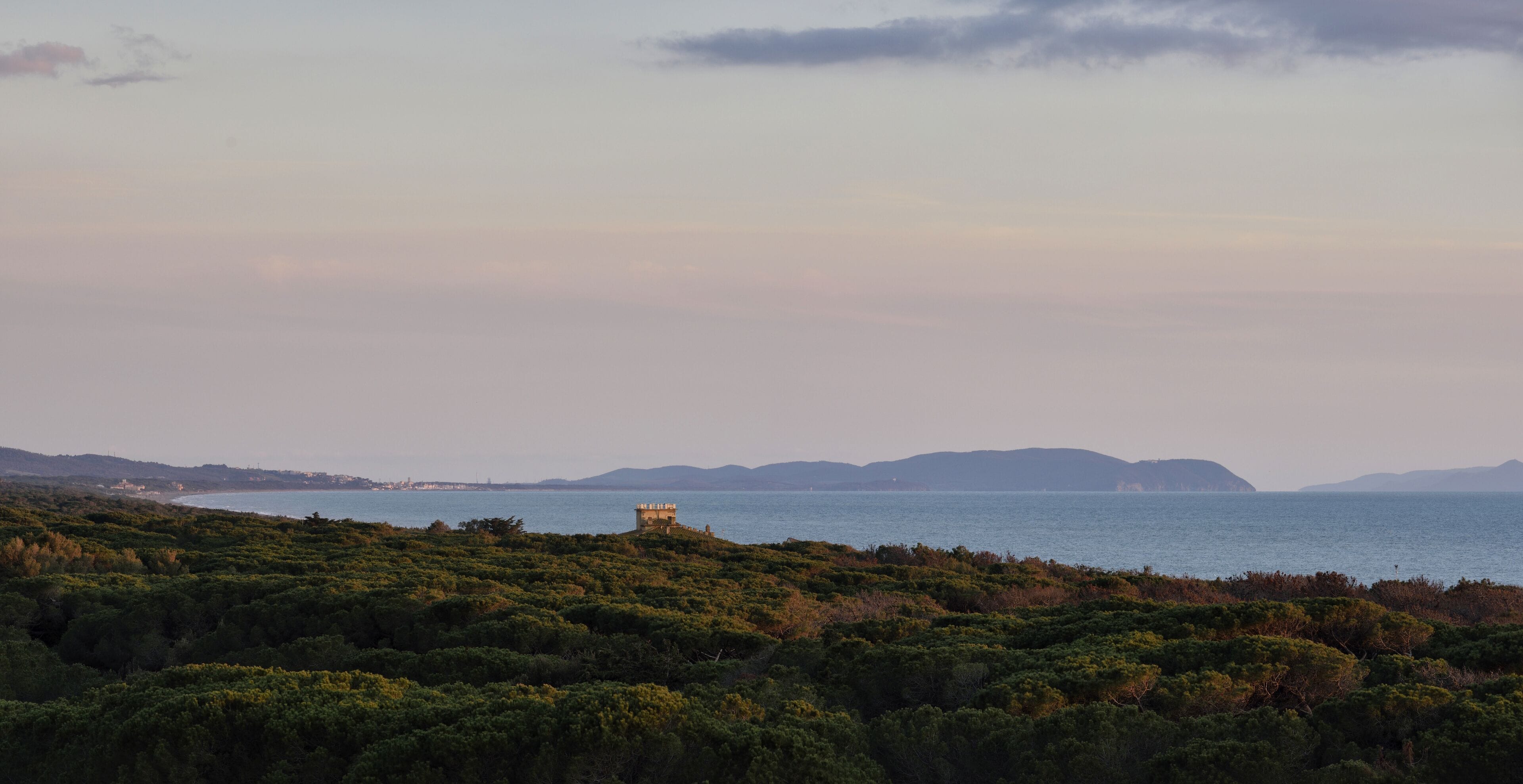 A coastal landscape with dense greenery and a distant view of the sea.