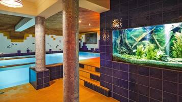 Área de piscina com um grande aquário e paredes revestidas de azulejos.