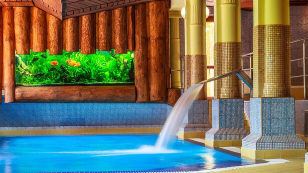 A swimming pool with a waterfall feature, surrounded by wooden columns and a tiled wall with an aquarium. - Hotel Litwor (Zakopane)