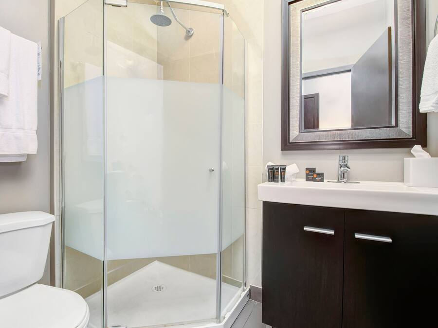 A modern bathroom with a glass-enclosed shower, a white toilet, and a dark wooden vanity with a mirror.
