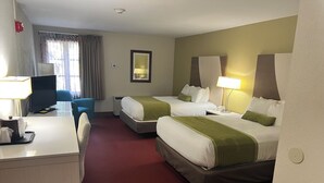 A hotel room with two beds, a desk, a chair, a television, and a window with curtains. - Pere Marquette Lodge & Conference Ctr. (Grafton)