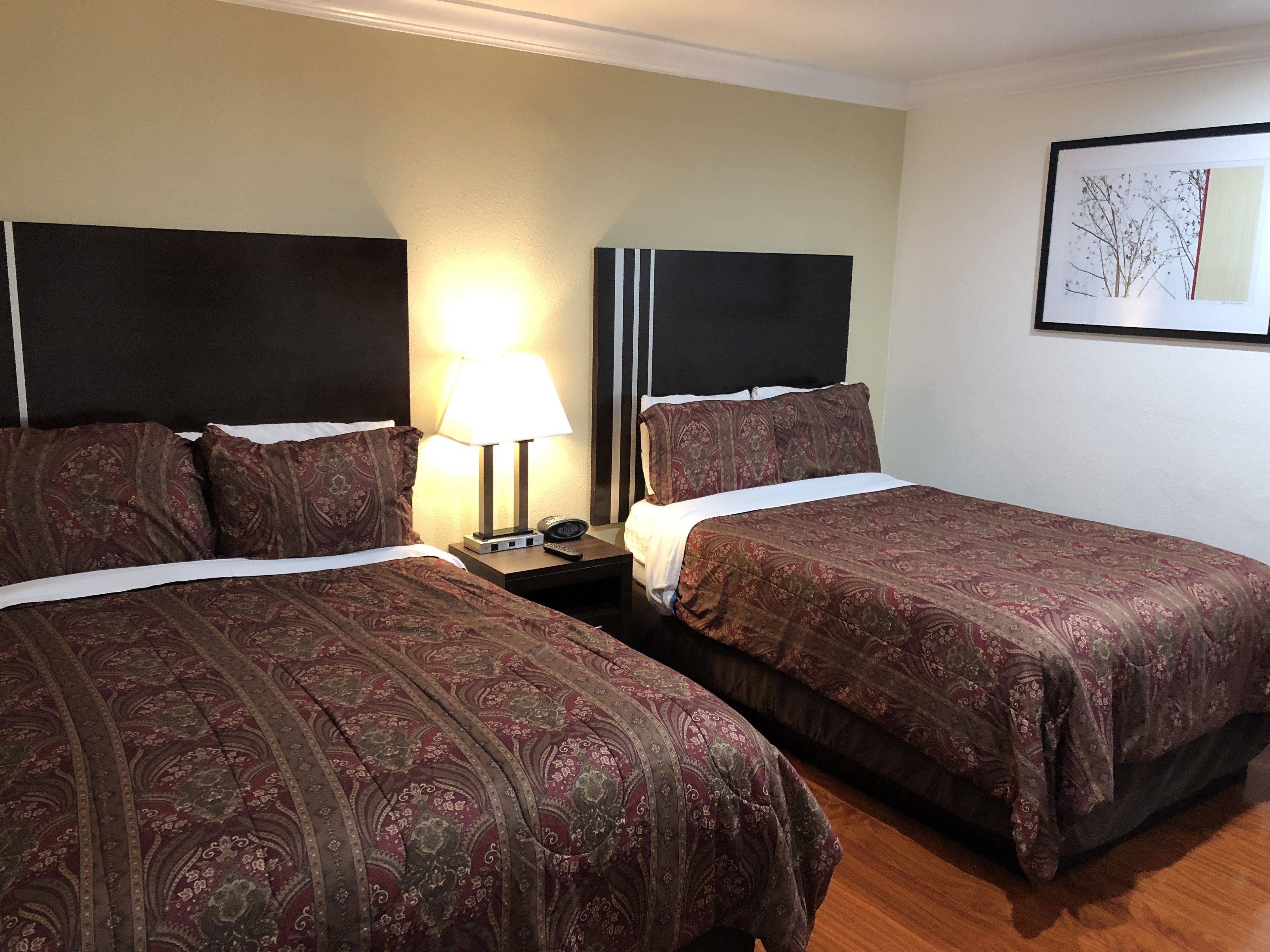 A hotel room with two beds, each with a patterned bedspread, a bedside table with a lamp, and a framed picture on the wall.