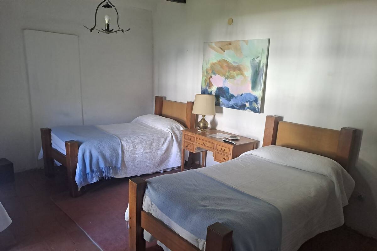 Una habitación con dos camas de madera, un escritorio con una lámpara y un cuadro en la pared.