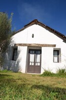 Un edificio blanco con puerta y ventanas marrones, rodeado de césped y un árbol.