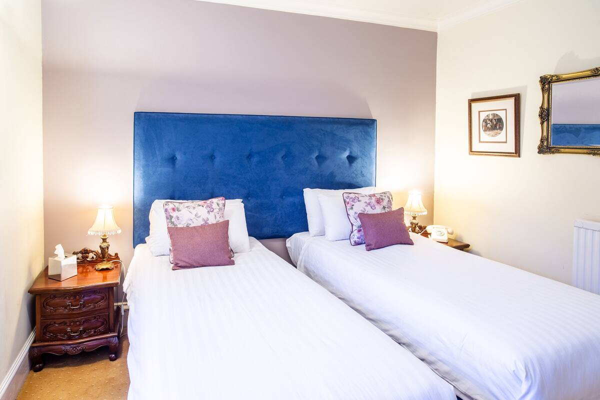 Une chambre d’hôtel avec deux lits simples, une table de chevet en bois avec une lampe et une grande tête de lit bleue.