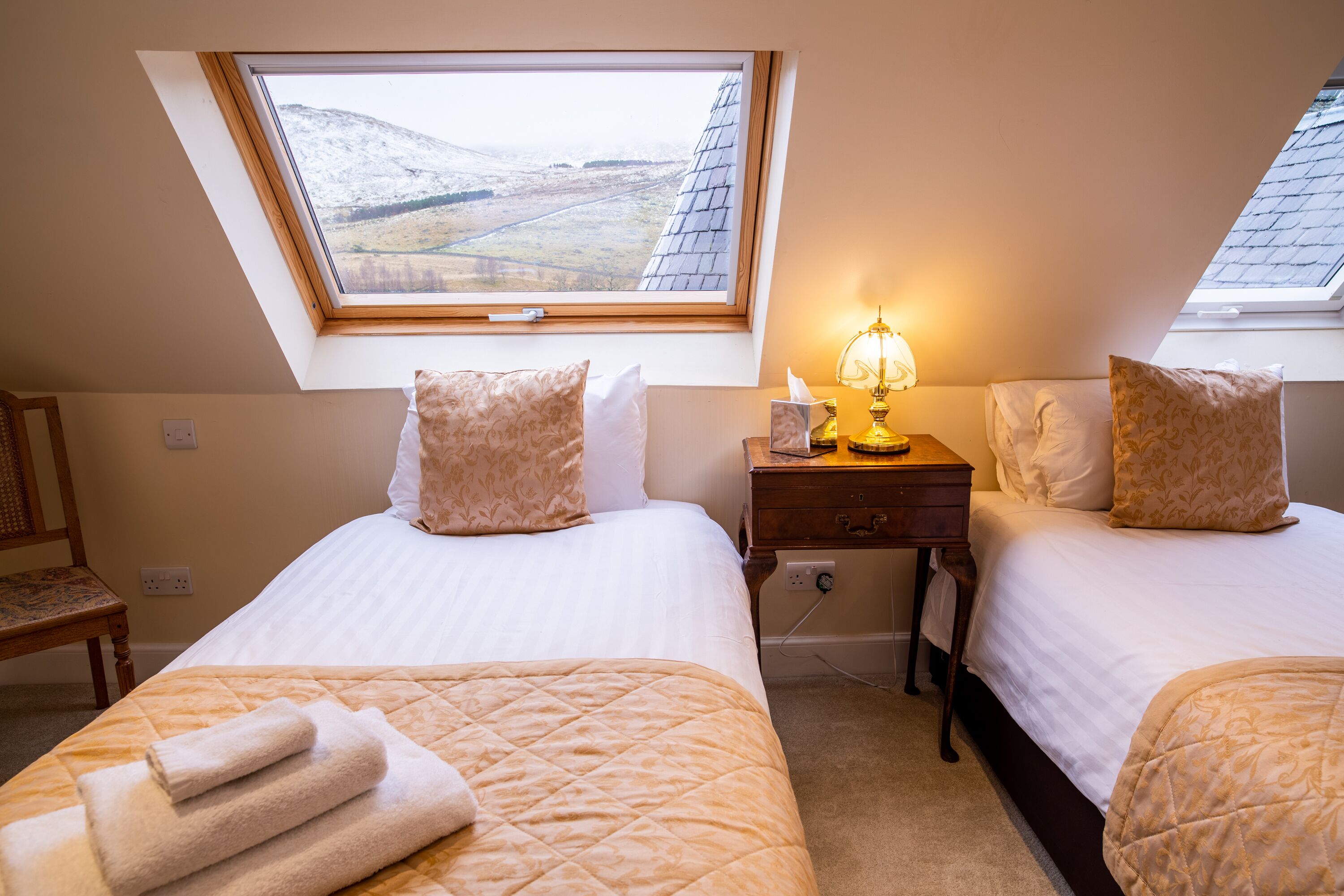 A bedroom with two beds, a skylight, a bedside table with a lamp, and a view of a snowy landscape.