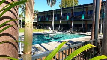 Outdoor pool, open 8 AM to 8 PM, sun loungers