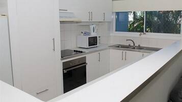 Full-size fridge, microwave, stovetop, dishwasher