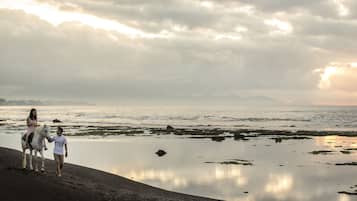 On the beach, black sand