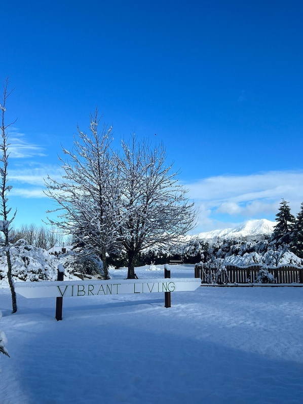 Schneebedeckte Landschaft mit einem Schild, auf dem 'VIBRANT LIVING' steht.