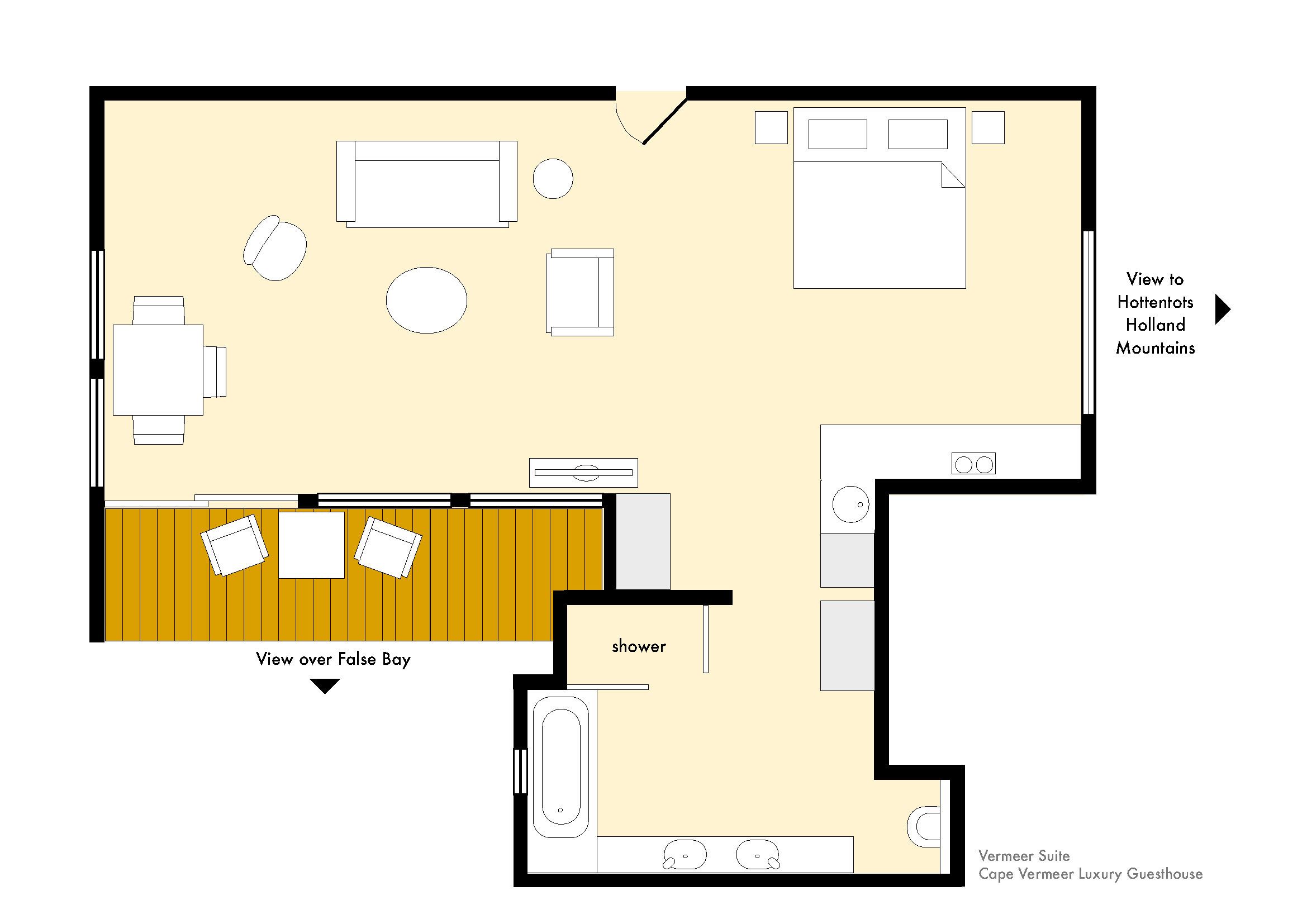A floor plan of a hotel with a bedroom, bathroom, kitchenette, and a dining area. It includes views of the False Bay and the Holland Mountains.