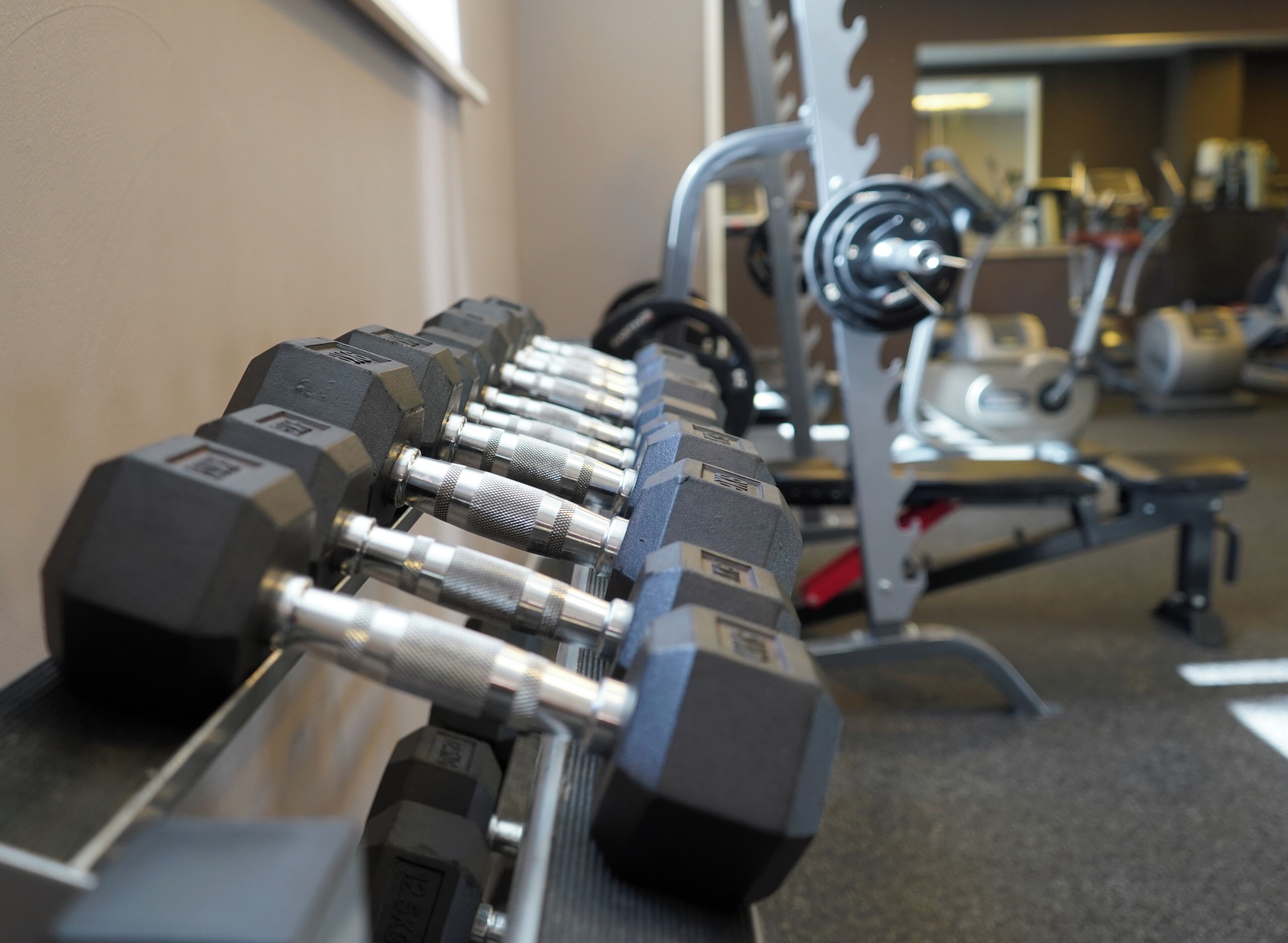 Een rij dumbbells op een rek in een sportschool.
