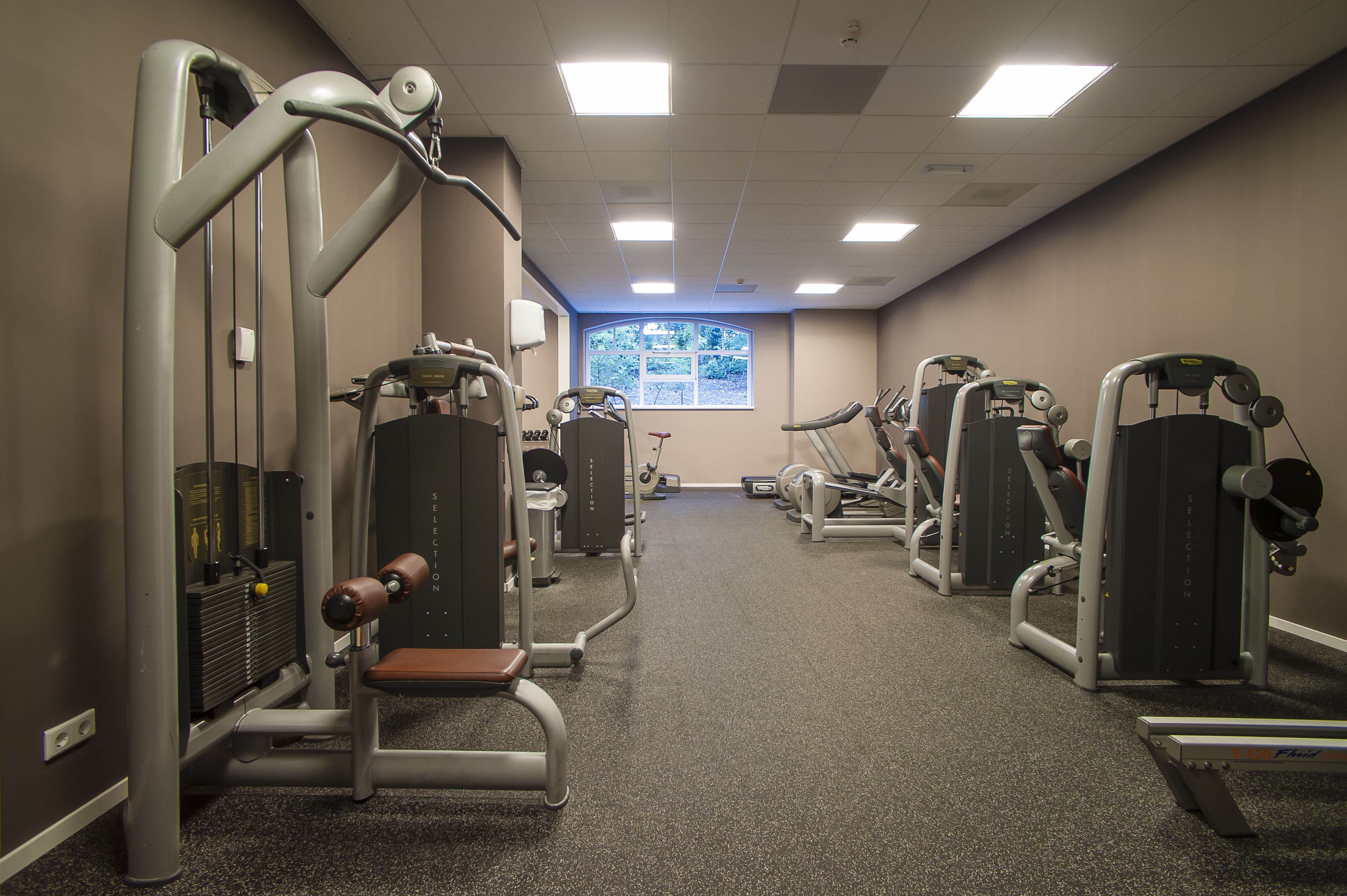 Een fitnessruimte met diverse trainingsapparaten, een raam met uitzicht en een vloerbedekking.