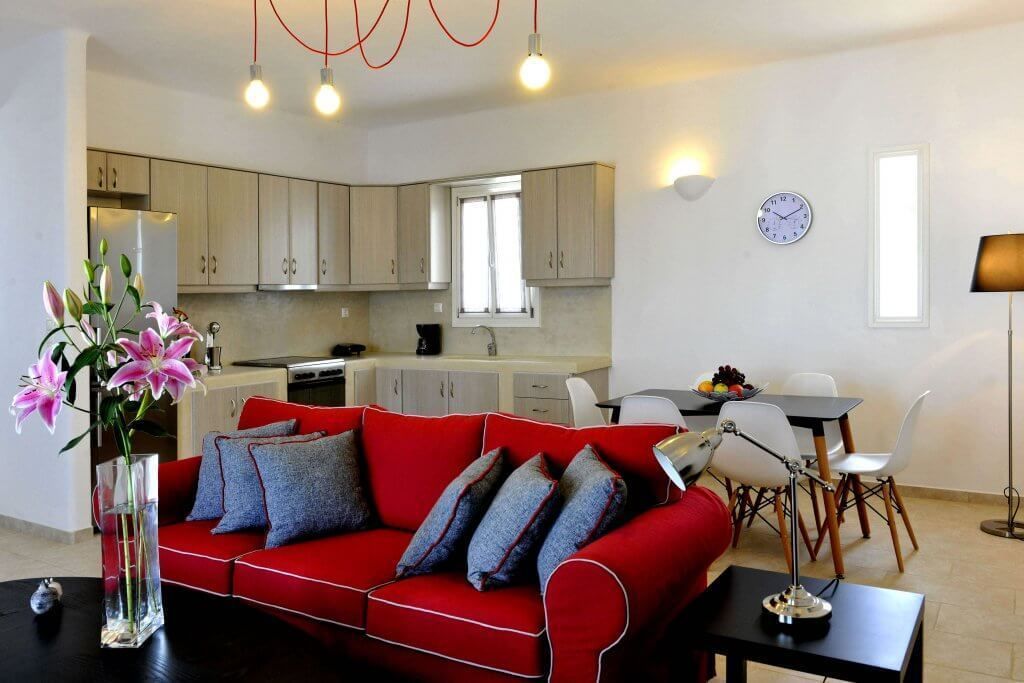 A modern living room with a red sofa, a glass vase with flowers, and a dining area with a table and chairs.