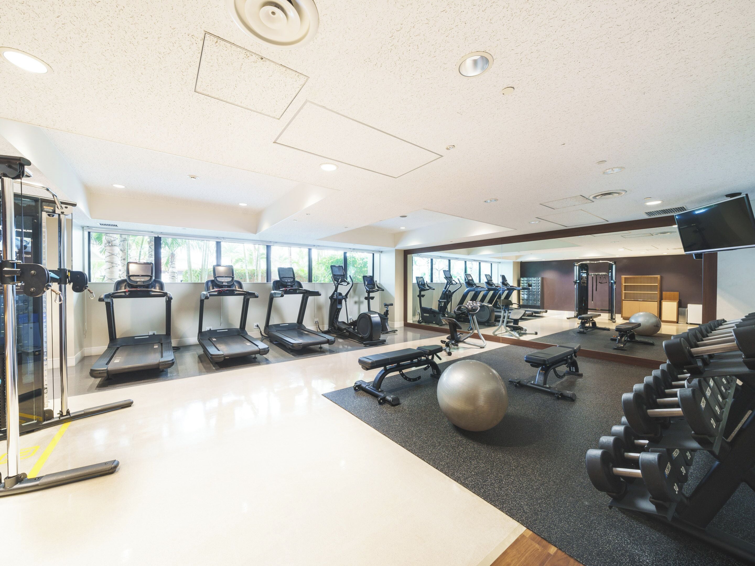 A modern gym with treadmills, elliptical machines, and free weights.