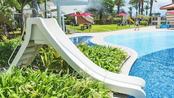 Indoor pool, seasonal outdoor pool, pool umbrellas, pool loungers