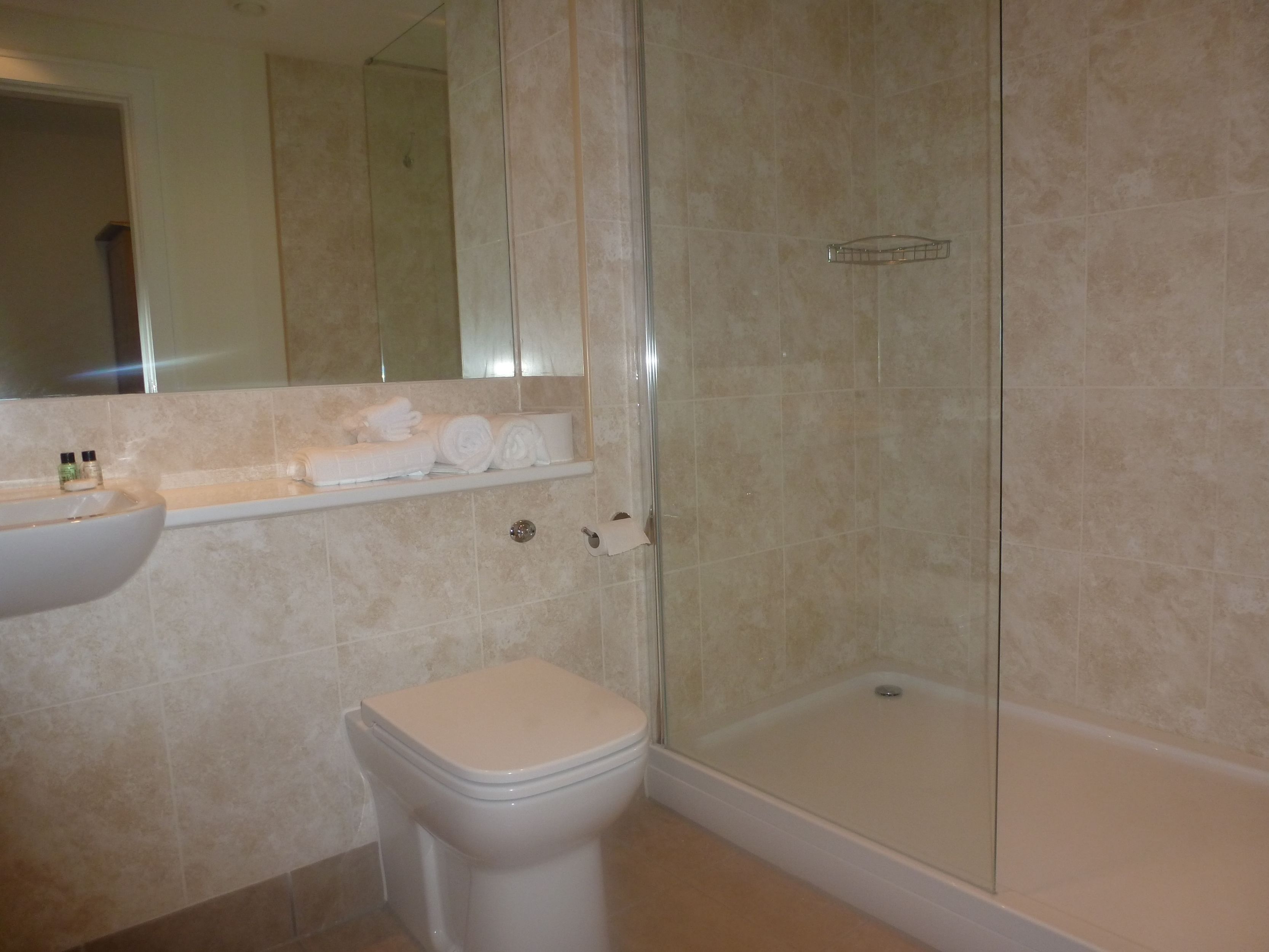 A bathroom with a toilet, sink, and shower area.