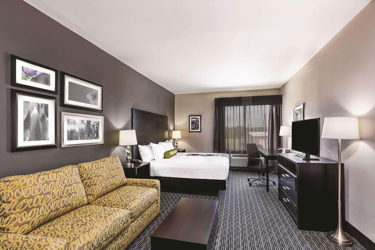 Une chambre d’hôtel avec un lit, un canapé, un bureau, une télévision et des tableaux encadrés au mur.