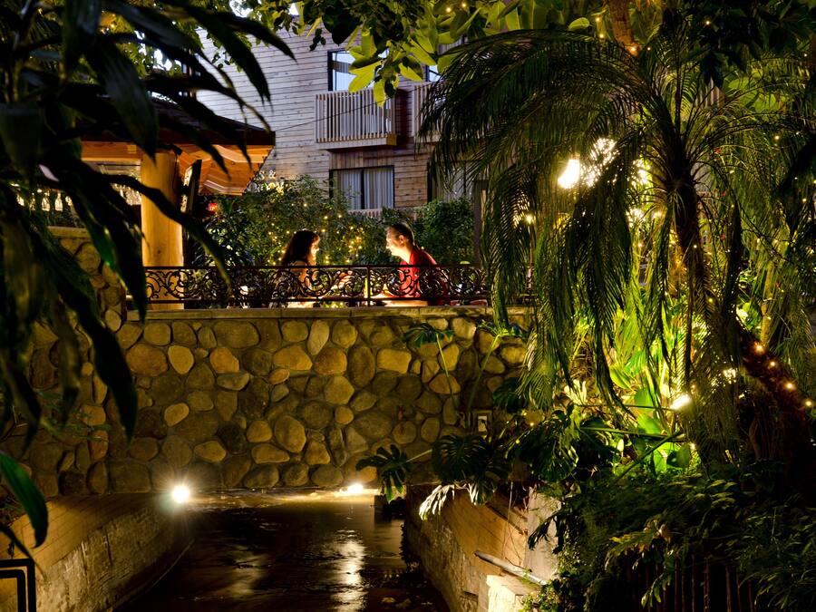 A stone bridge over a water channel, surrounded by lush greenery and decorative lights.