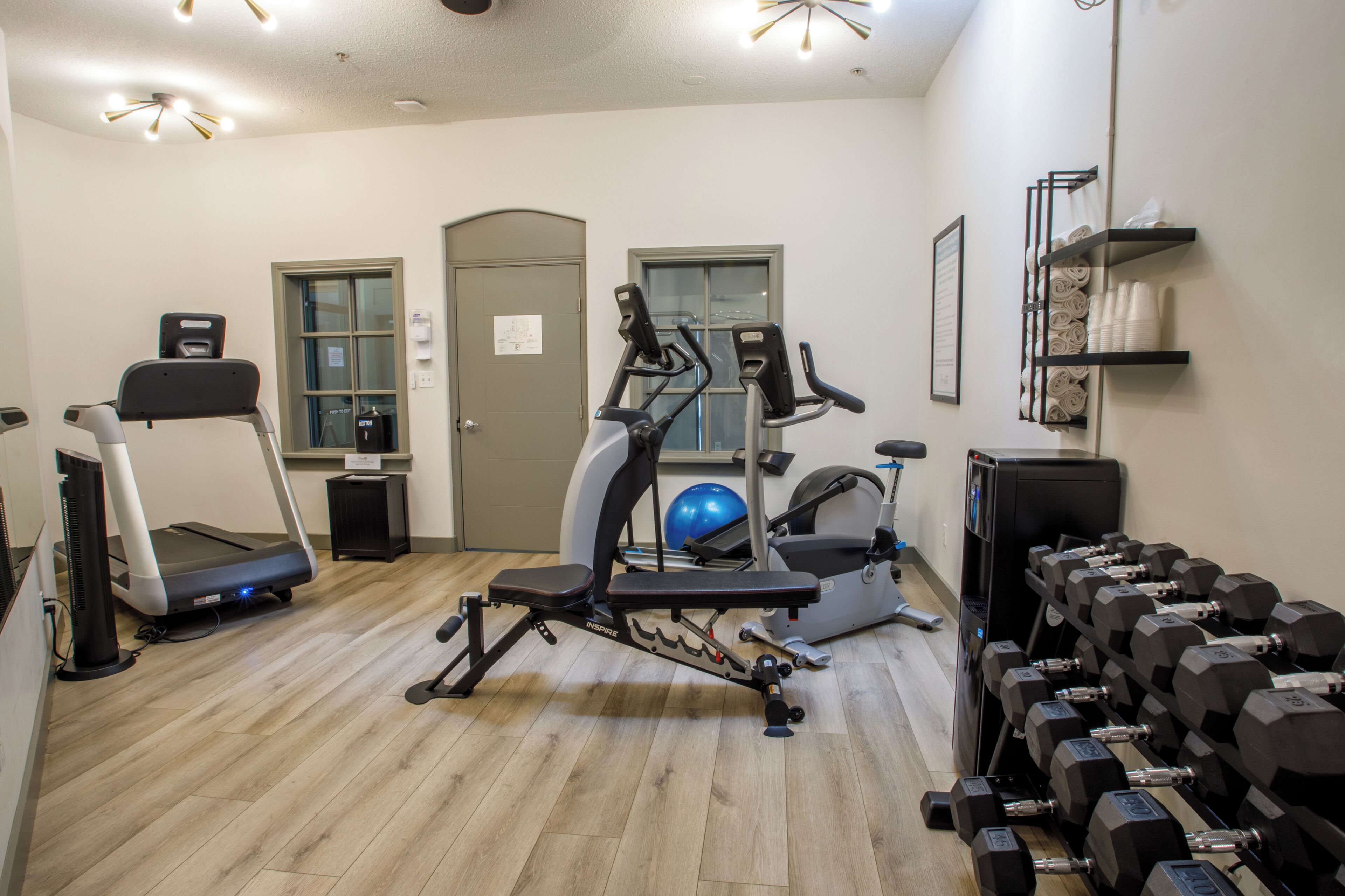 A gym with treadmills, elliptical machines, a stationary bike, and a rack of dumbbells.