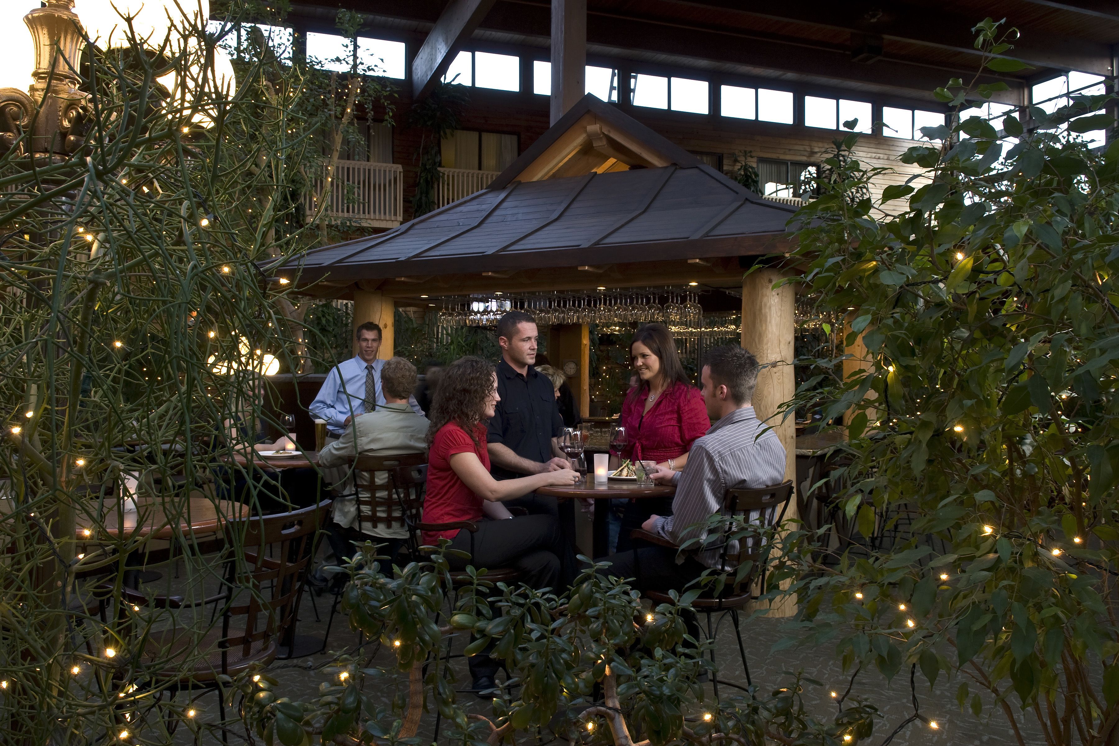 A group of people dining at an outdoor restaurant with string lights and greenery.
