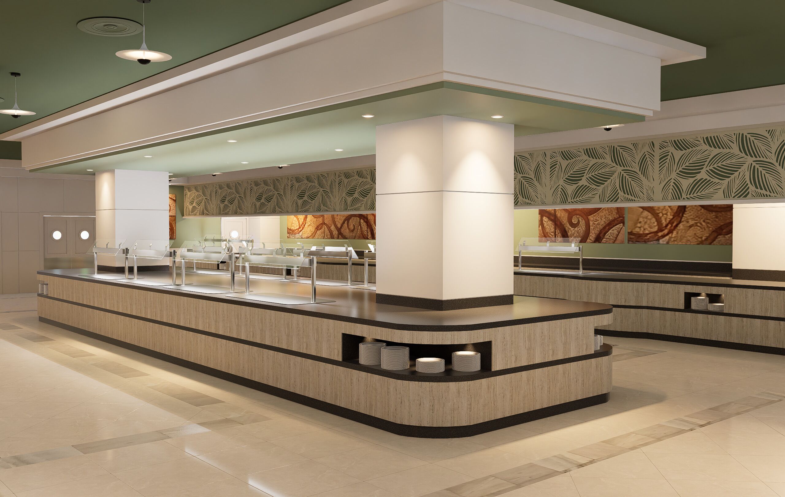 Un hall d’hôtel moderne avec un comptoir d’accueil central, un espace salon et des panneaux muraux décoratifs.