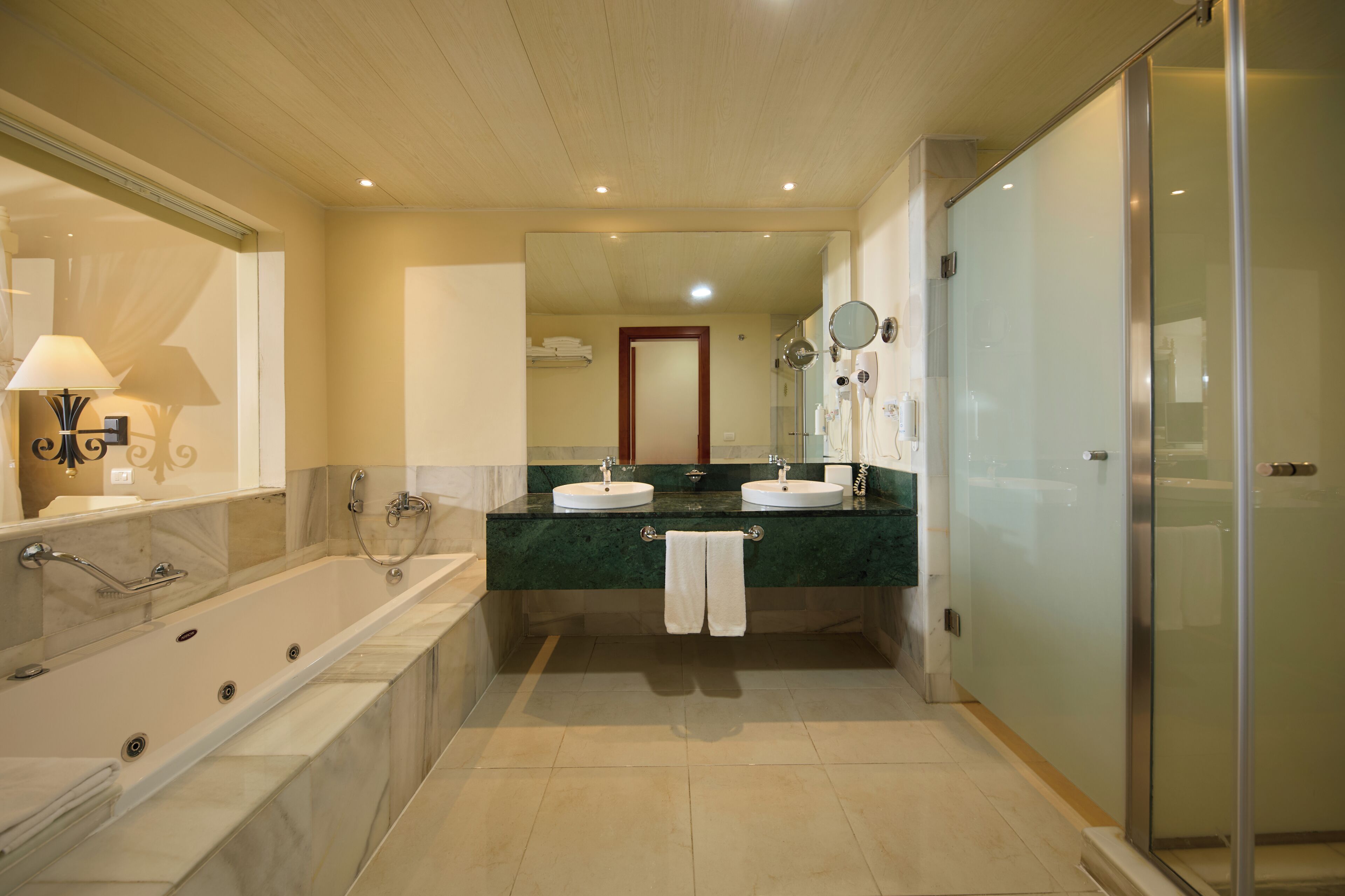 A modern bathroom with a large bathtub, two sinks, a glass shower enclosure, and a vanity with a mirror.