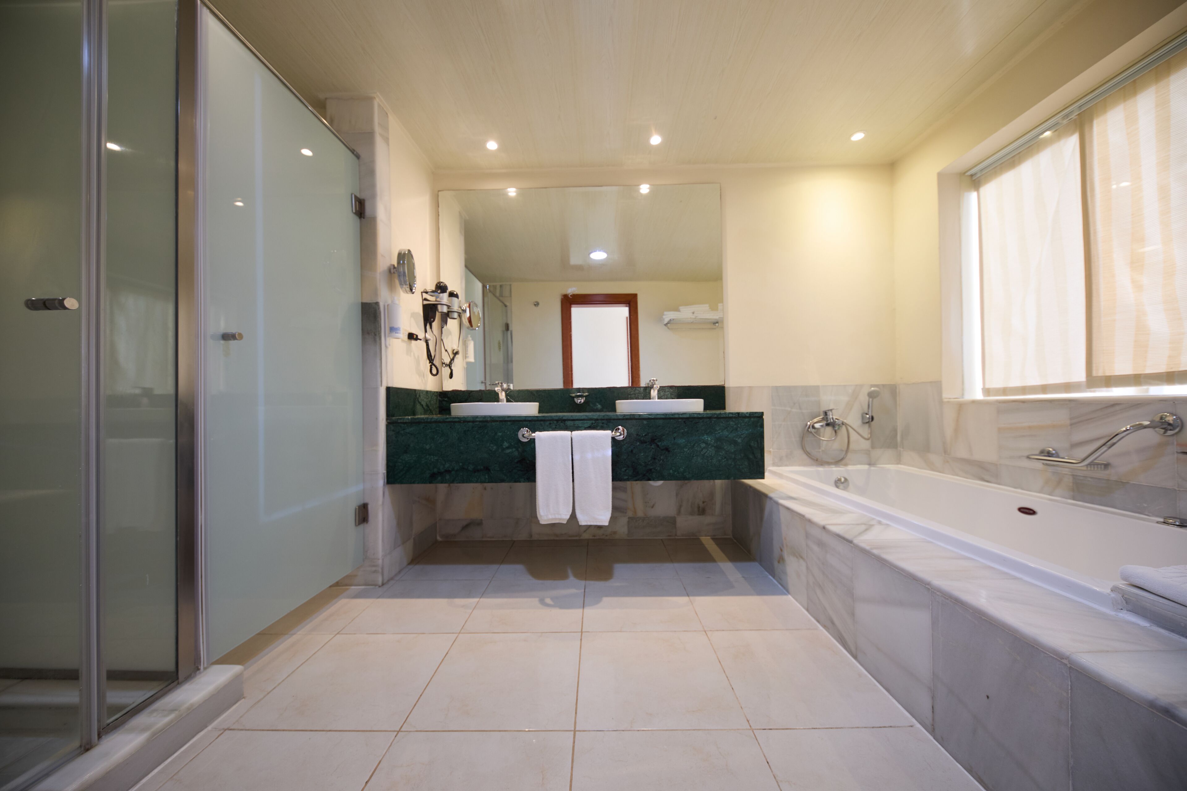 A modern bathroom with a glass shower enclosure, two sinks, a large bathtub, and a mirror above the sinks.