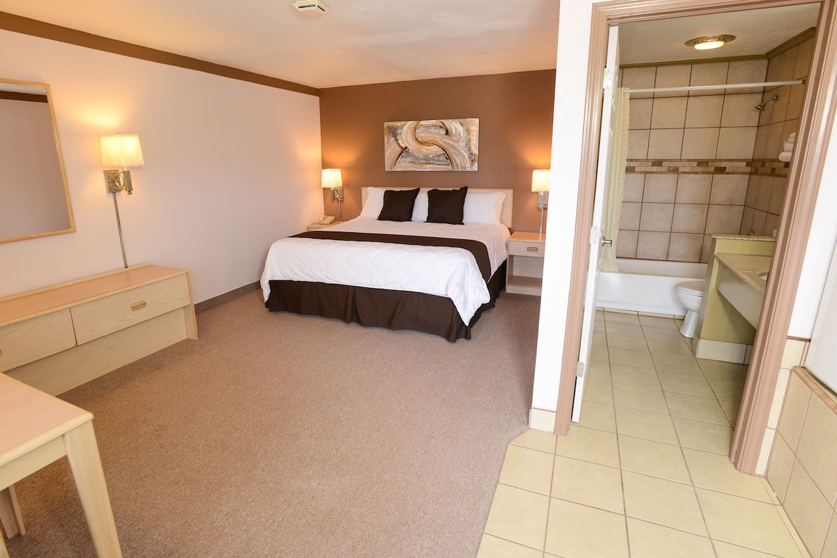 A hotel room with a large bed, bedside lamps, a nightstand, a desk, and a bathroom with a toilet and shower.