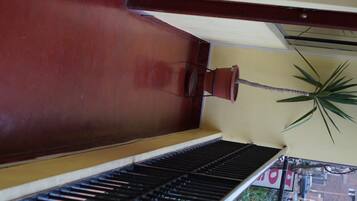 Una habitación con un piano, una planta en maceta y vistas a la calle.