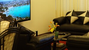 En stue med en sort lædersofa, et sofabord med en vase blomster og et fladskærms-tv, der viser et kystlandskab.