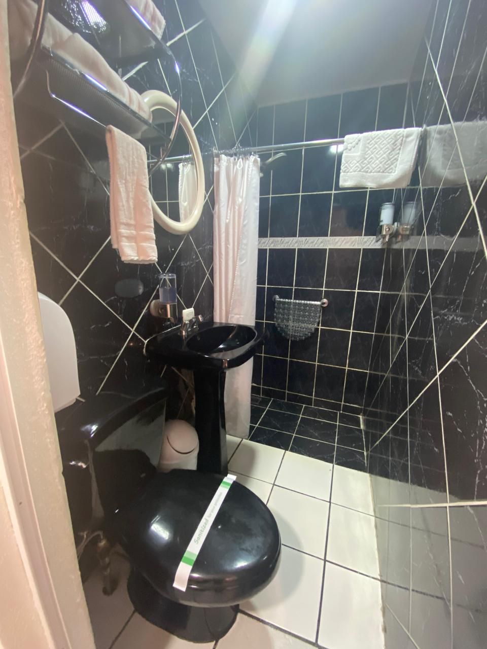 A bathroom with a black sink, toilet, and a shower area.