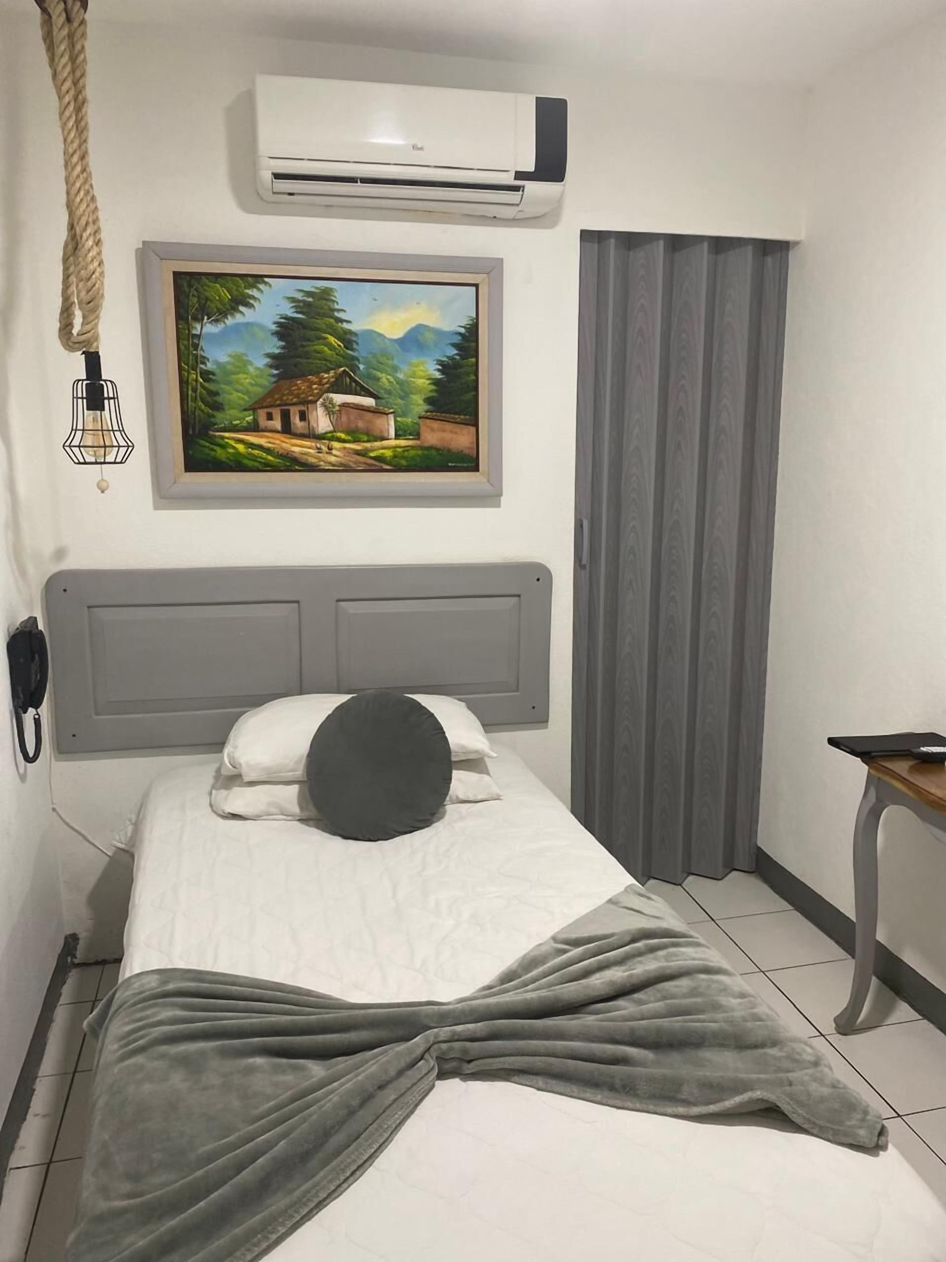 A hotel room with a bed, a painting, an air conditioner, a telephone, and a curtain.