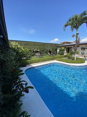 Een buitenzwembad en ligstoelen