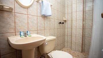 Shower, free toiletries, hair dryer, towels