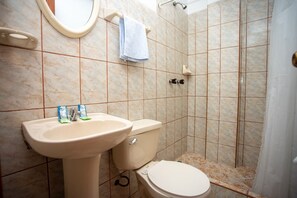 Chuveiro, produtos de toalete grátis, secador de cabelo 