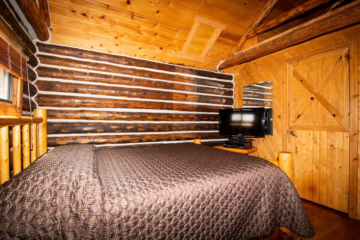 A log cabin room with a large bed, wooden walls, and a television on a wooden stand.